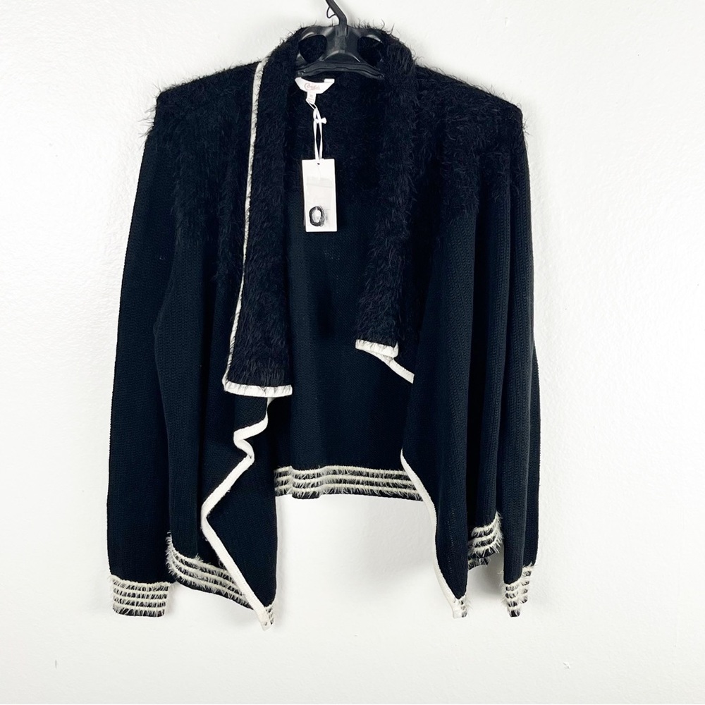 CANDIE’S Black Cropped Cozy Fuzzy Eyelash Open Knit Waterfall Cardigan, Size XL